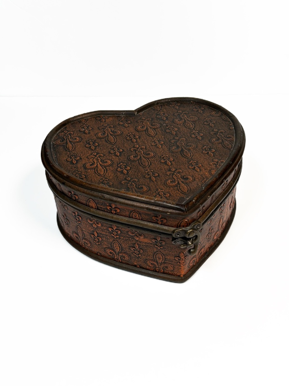 Wood Heart Box Fleur De Lis Hinge Closure Jewelry Trinket Storage